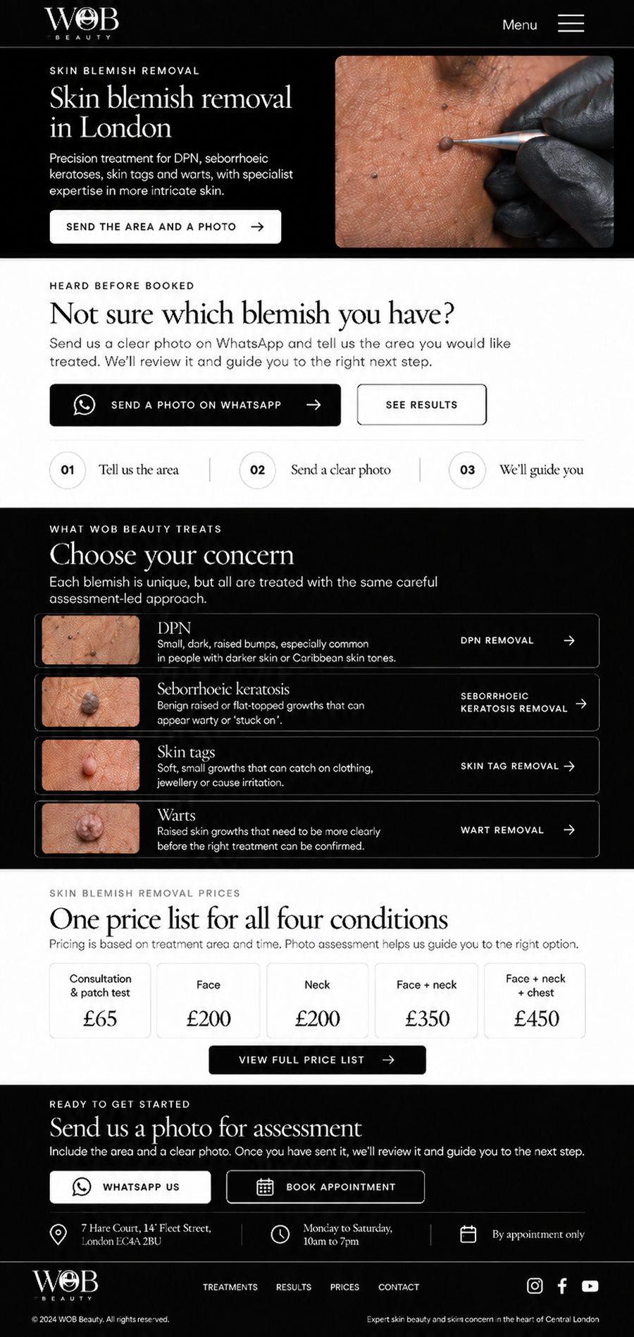 Blemish removal hub mock-up: hero, Not sure which blemish, Choose your concern, one price list, send us a photo