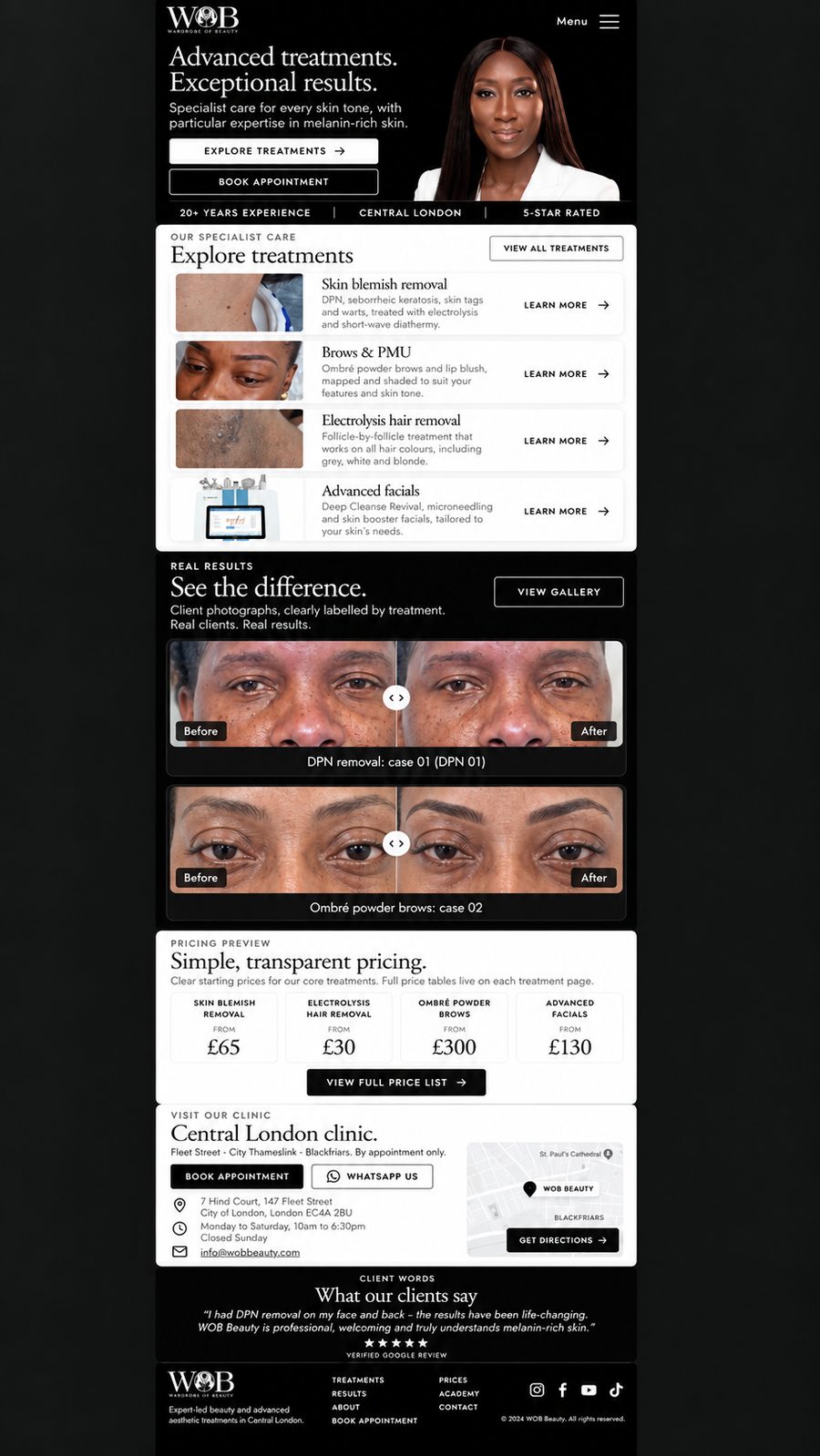 Homepage mock-up: hero, Explore treatments, See the difference, pricing, clinic, then client words at the bottom